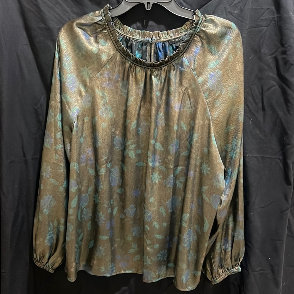 XL METALLIC Chic Floral Women's Blouse in Brown and Blue